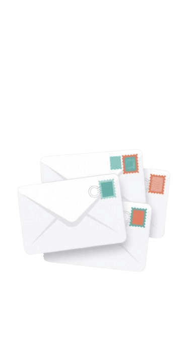 Stack of letters with colorful stamps ready to send worldwide